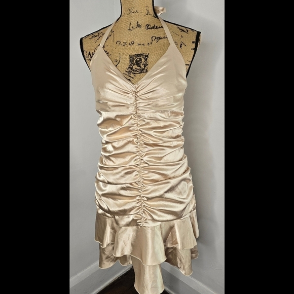 Vintage Y2K Jessica McClintock Gold Ruched Ruffled Halter Prom Dress Fairycore - Picture 13 of 13